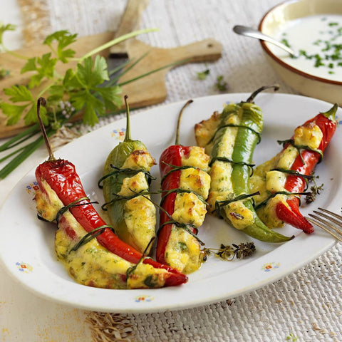 Gefüllte Minos Pfefferoni mit Käse, serviert auf einem weißen Teller, ideal als mediterrane Vorspeise