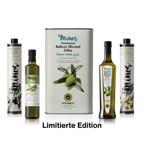 Mediterranes Olivenöl-Komplettset von Minos, bestehend aus einem 3-Liter-Gebinde nativem Olivenöl extra, zwei 500ml Dosen für Braten und Salate sowie einer 500ml Flasche Bio-Olivenöl. Ideal für vielseitige kulinarische Anwendungen und das Kochen im mediterranen Stil.