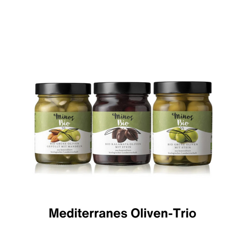 Mediterranes Oliven-Trio von Minos: Bio Grüne Oliven gefüllt mit Mandeln, Bio Kalamata Oliven mit Stein und Bio Grüne Oliven mit Stein.